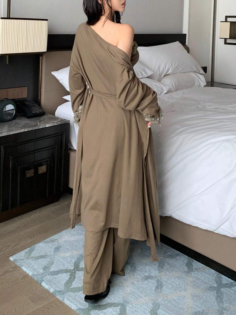 Women's 3pcs Home Outfit Romantic Pajama Set Loose Cardigan Jacket Bustier Top With Asymmetrical Hem And Wide Leg Pants Fall Fashion