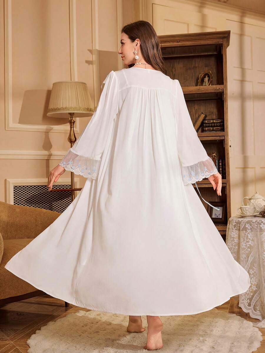 Women's 2pcs Pajama Set Floral Embroidered Cami Nightgown And Lace Splice Robe Elegant Sleepwear Outfit Romantic Fall Casual Nightwear
