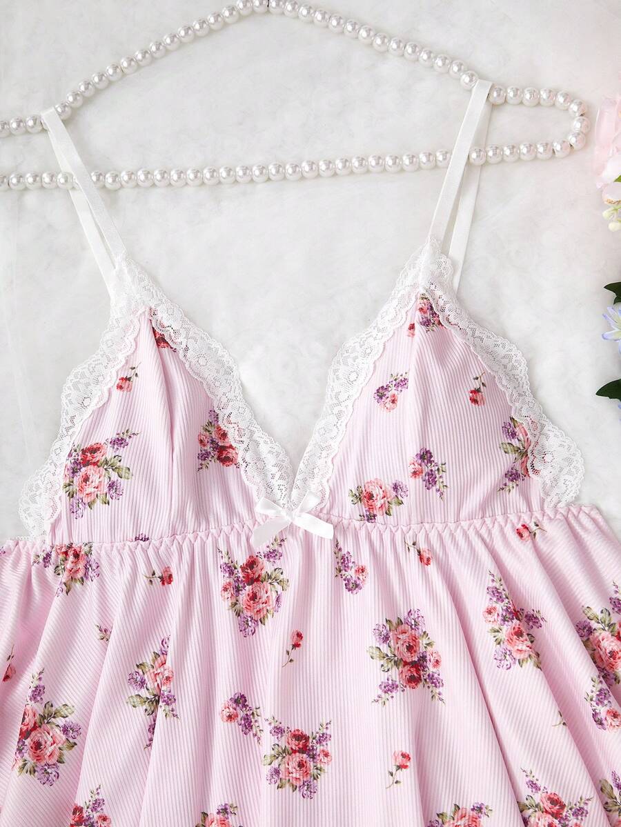 Women's Ditsy Floral Pajama Set V Neck Lace Patchwork Camisole And Pants Elegant Sleepwear Outfit Romantic Vacation Nightwear For Ladies