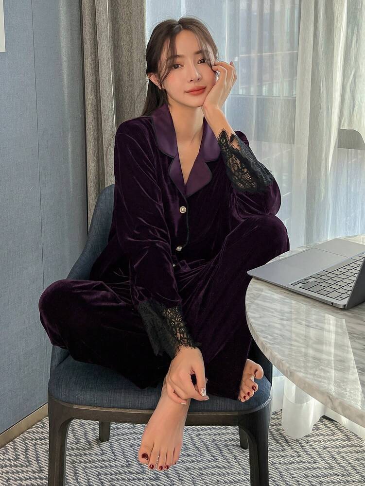 Women's Velvet Pajama Set With Lapel Neck Lace Panel Elegant Two Piece Loungewear Outfit Winter Nightwear Cozy Fashionable Clothing