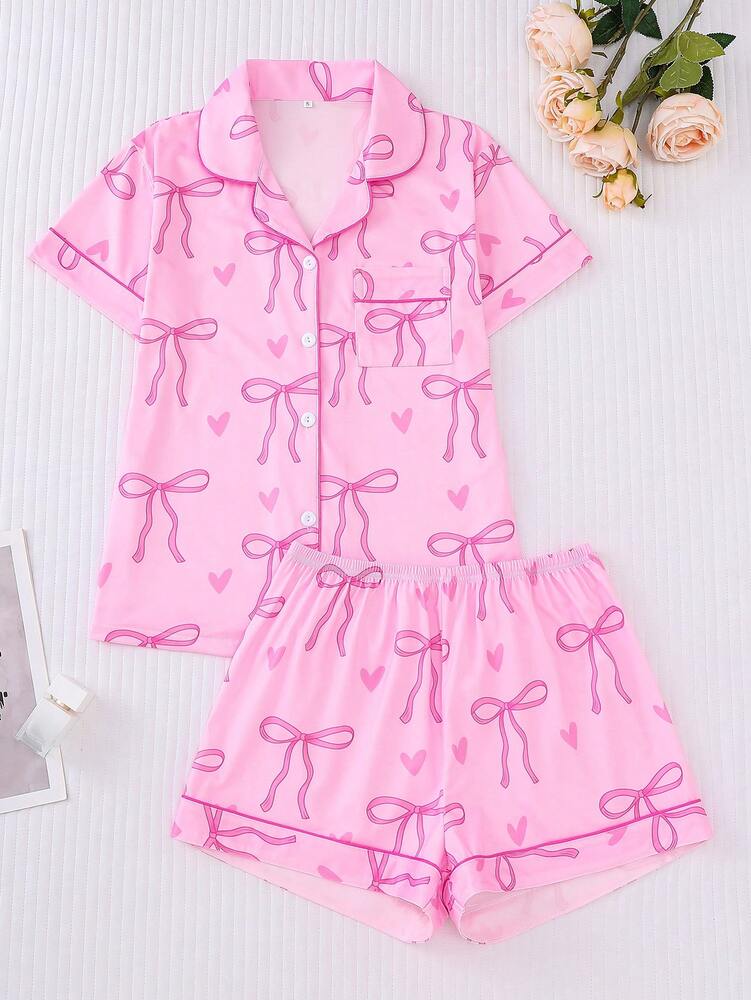 2pcs Women's Pajama Set Short Sleeve Button Shirt With Bow Print And Loose Shorts Comfortable Casual Loungewear Sleepwear All Seasons