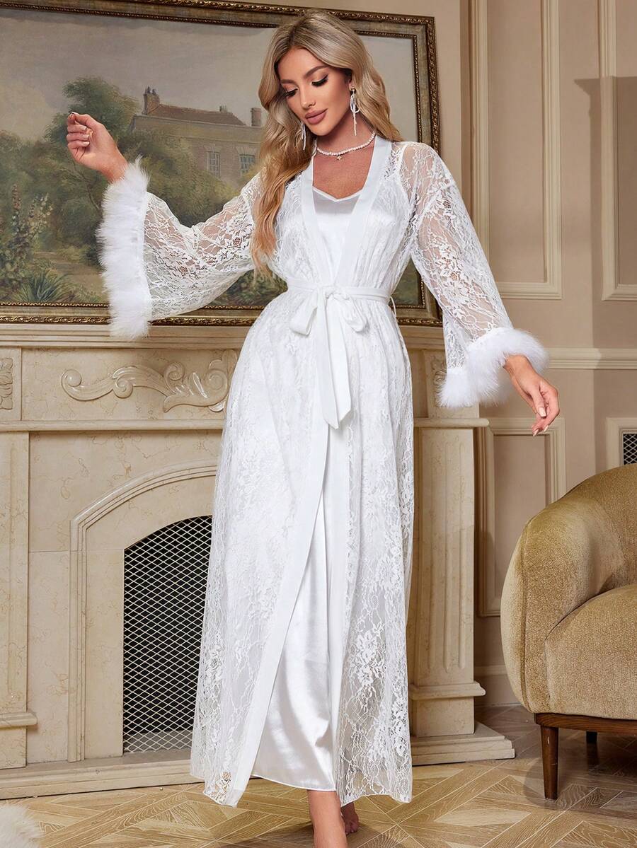 Women's 3pcs Pajama Set Satin Robe With Lace Contrast Camisole Nightgown And Shorts Elegant Sleepwear Outfit Vacation Holiday Nightwear