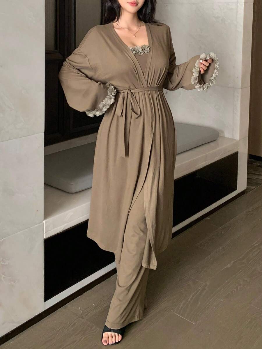 Women's 3pcs Home Outfit Romantic Pajama Set Loose Cardigan Jacket Bustier Top With Asymmetrical Hem And Wide Leg Pants Fall Fashion