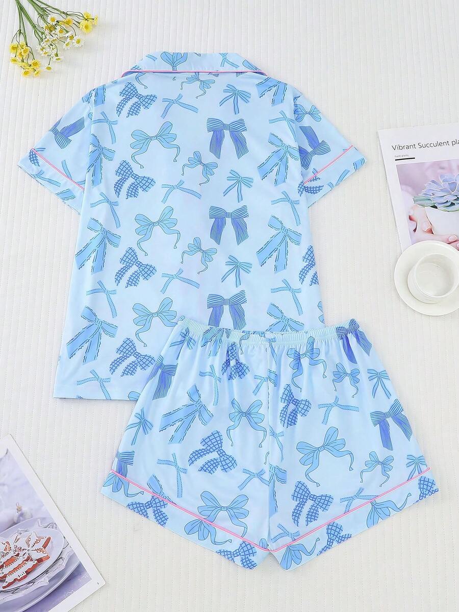 2pcs Women's Pajama Set Short Sleeve Button Shirt With Bow Print And Loose Shorts Comfortable Casual Loungewear Sleepwear All Seasons