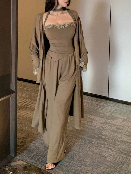 Women's 3pcs Home Outfit Romantic Pajama Set Loose Cardigan Jacket Bustier Top With Asymmetrical Hem And Wide Leg Pants Fall Fashion