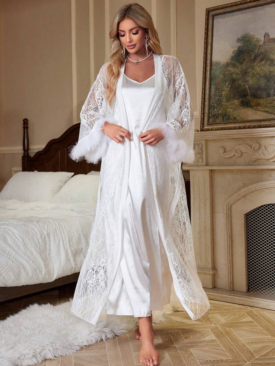 Women's 3pcs Pajama Set Satin Robe With Lace Contrast Camisole Nightgown And Shorts Elegant Sleepwear Outfit Vacation Holiday Nightwear