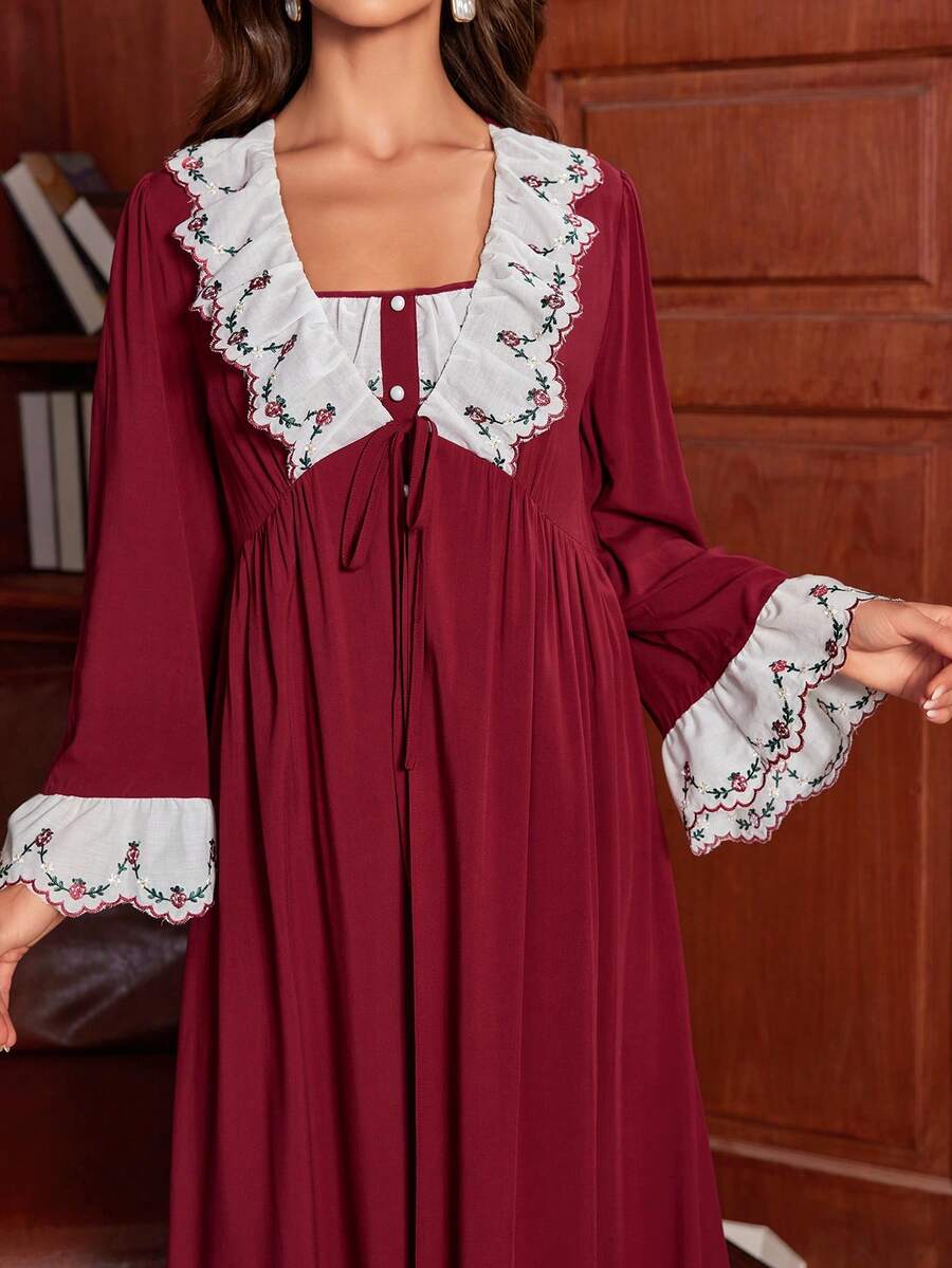 Women's Floral Embroidery Pajama Set With Flare Sleeve Top And Pants Elegant Romantic Sleepwear Outfit Vacation Holiday Nightwear
