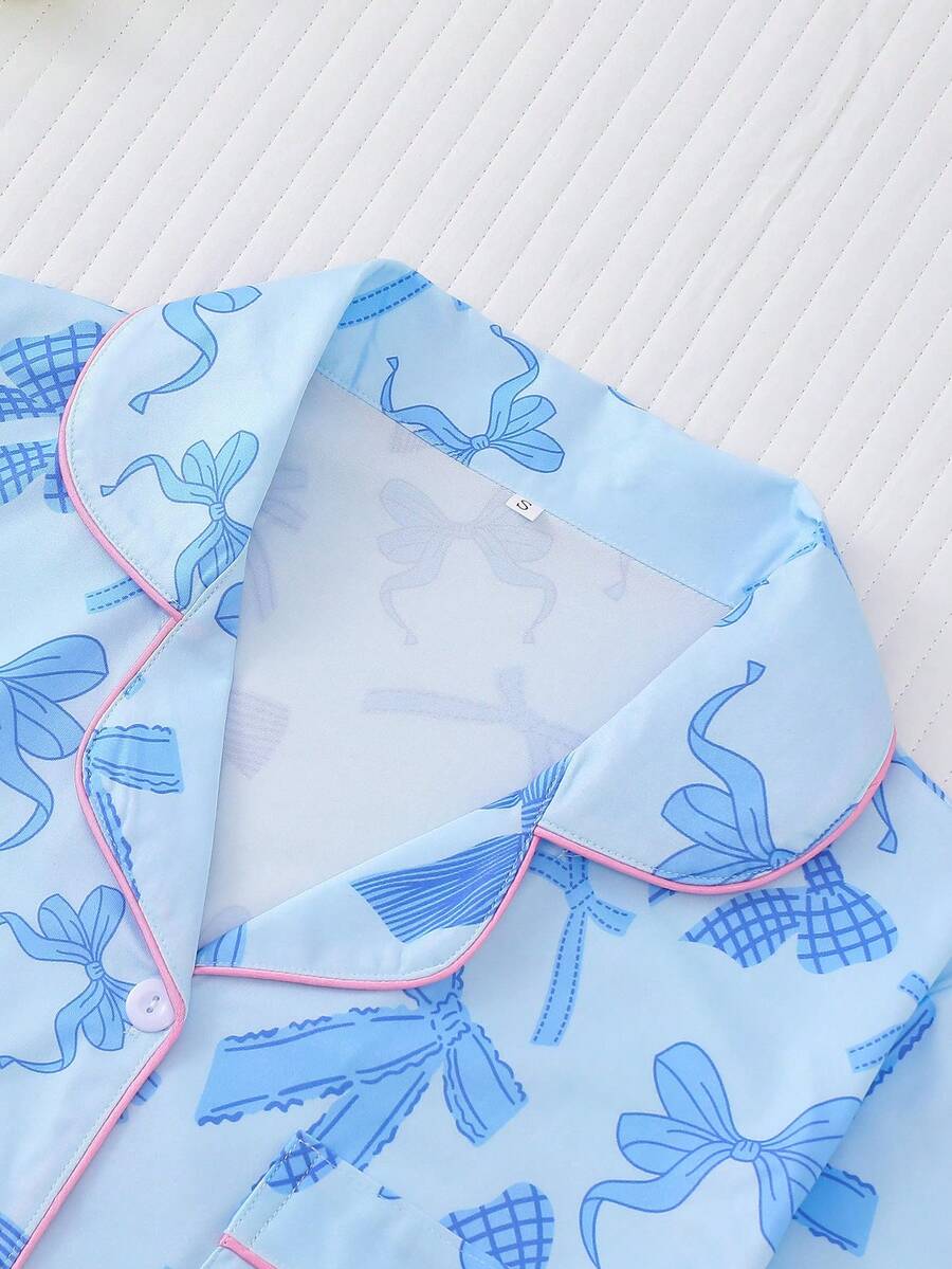 2pcs Women's Pajama Set Short Sleeve Button Shirt With Bow Print And Loose Shorts Comfortable Casual Loungewear Sleepwear All Seasons