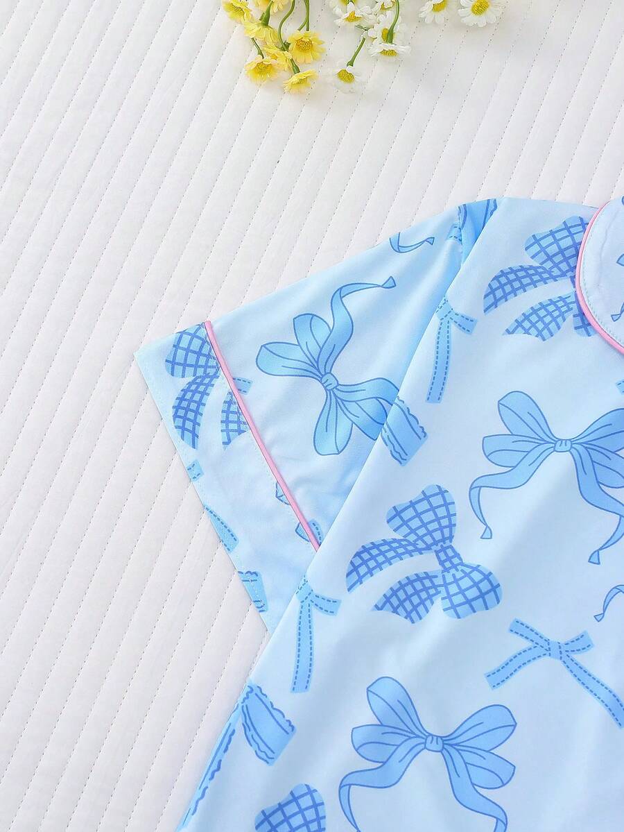 2pcs Women's Pajama Set Short Sleeve Button Shirt With Bow Print And Loose Shorts Comfortable Casual Loungewear Sleepwear All Seasons