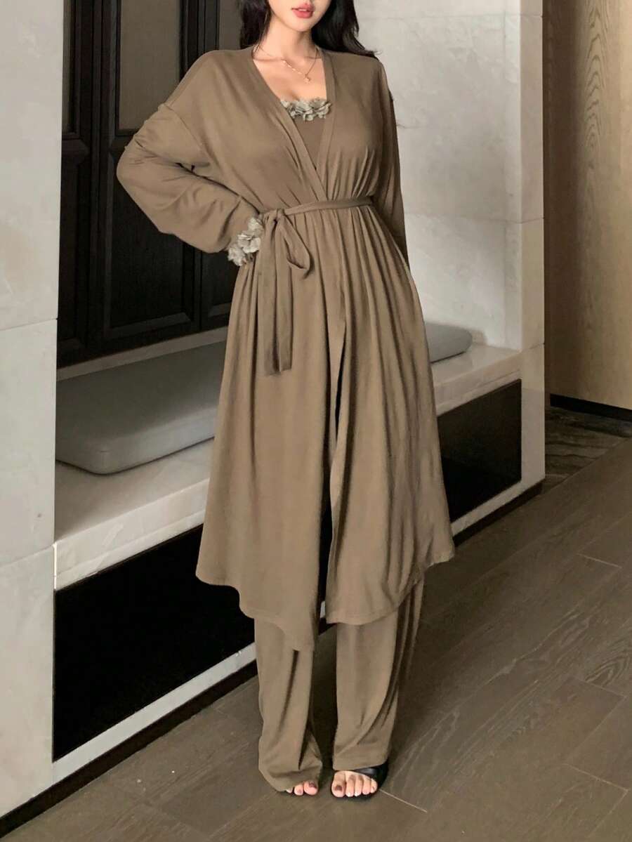 Women's 3pcs Home Outfit Romantic Pajama Set Loose Cardigan Jacket Bustier Top With Asymmetrical Hem And Wide Leg Pants Fall Fashion