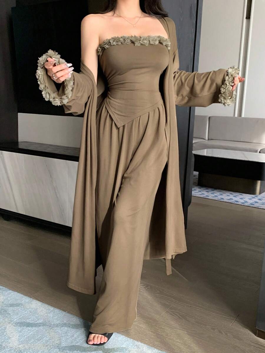 Women's 3pcs Home Outfit Romantic Pajama Set Loose Cardigan Jacket Bustier Top With Asymmetrical Hem And Wide Leg Pants Fall Fashion