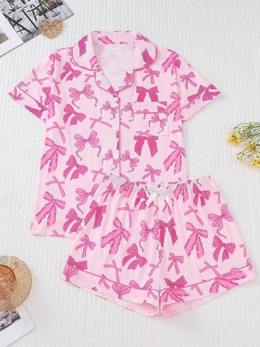 2pcs Women's Pajama Set Short Sleeve Button Shirt With Bow Print And Loose Shorts Comfortable Casual Loungewear Sleepwear All Seasons