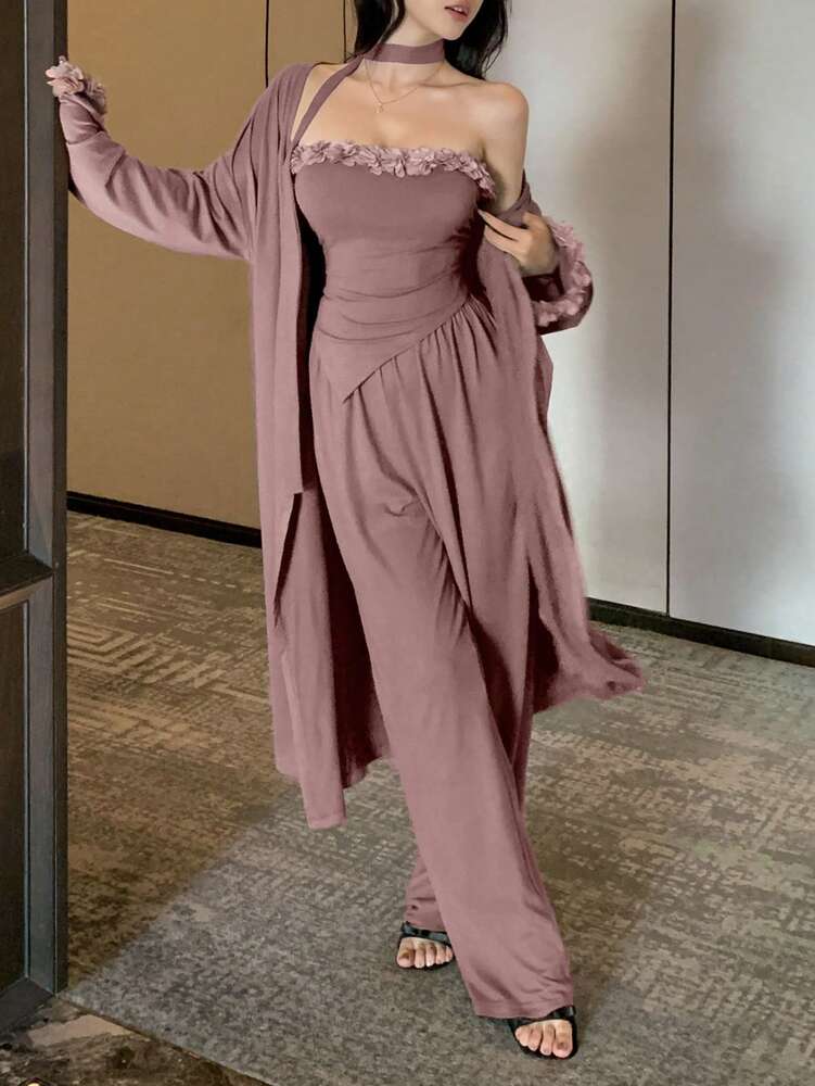Women's 3pcs Home Outfit Romantic Pajama Set Loose Cardigan Jacket Bustier Top With Asymmetrical Hem And Wide Leg Pants Fall Fashion