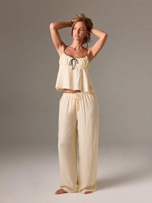 Women's 2pcs Pajama Set Long Sleeve Button Up Shirt And Pants With Bow Detail Ruffle Trim Elegant Cozy Loungewear Winter Sleepwear