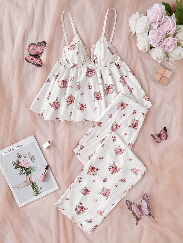 Women's Ditsy Floral Pajama Set V Neck Lace Patchwork Camisole And Pants Elegant Sleepwear Outfit Romantic Vacation Nightwear For Ladies