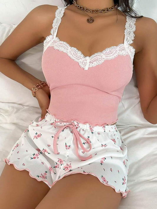 Women's Floral Print Pajama Set With Lace Trim Bow Front Camisole And Shorts Elegant Sleepwear Outfit Summer Holiday Vacation Wear