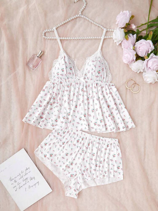 Women's Ditsy Floral Pajama Set Lace Trim Camisole And Shorts Deep V Neck Ruffle Hem Romantic Sleepwear Holiday Vacation Nightwear