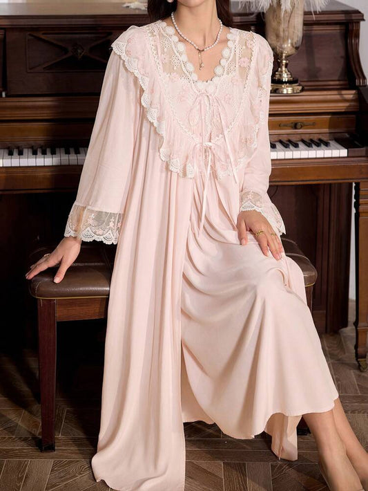 Women's 2pcs Pajama Set Floral Embroidered Cami Nightgown And Lace Splice Robe Elegant Sleepwear Outfit Romantic Fall Casual Nightwear