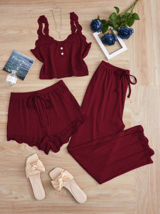 Women's Solid Color Pajama Set With Lace Patchwork Camisole And Pants Elegant Sleepwear Loungewear Comfortable Daily Wear For Women
