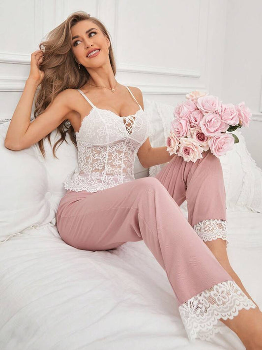 Women's Pajama Set With Solid Color Camisole Top Lace Detail And Color Block Pants Comfortable Loungewear Sleepwear Outfit For Women