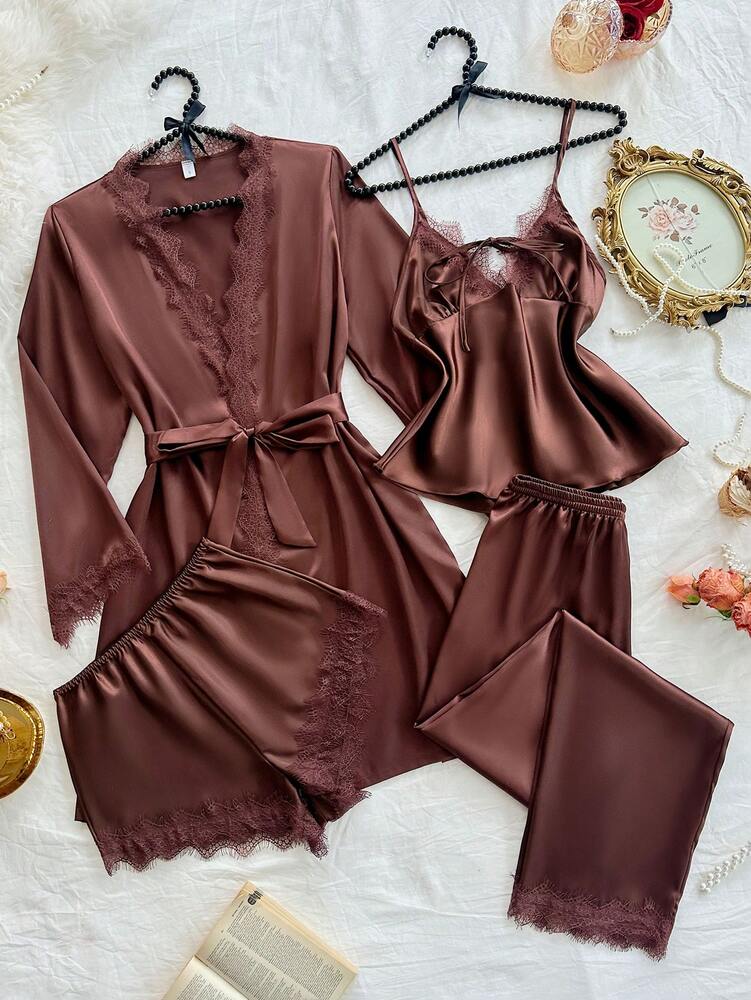 Women's 4pcs Pajama Set Sexy Lace Camisole Floral Trim Shorts Pants And Satin Robe Coffee Color Elegant Sleepwear Outfit Fall Casual