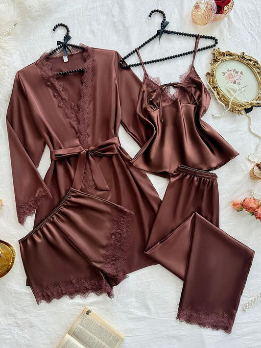 Women's 4pcs Pajama Set Sexy Lace Camisole Floral Trim Shorts Pants And Satin Robe Coffee Color Elegant Sleepwear Outfit Fall Casual