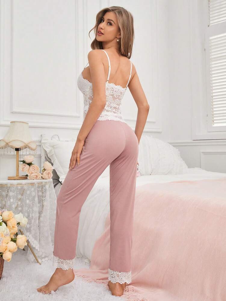 Women's Pajama Set With Solid Color Camisole Top Lace Detail And Color Block Pants Comfortable Loungewear Sleepwear Outfit For Women