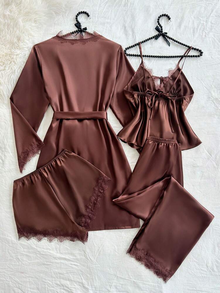 Women's 4pcs Pajama Set Sexy Lace Camisole Floral Trim Shorts Pants And Satin Robe Coffee Color Elegant Sleepwear Outfit Fall Casual