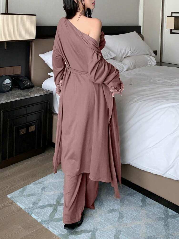 Women's 3pcs Home Outfit Romantic Pajama Set Loose Cardigan Jacket Bustier Top With Asymmetrical Hem And Wide Leg Pants Fall Fashion