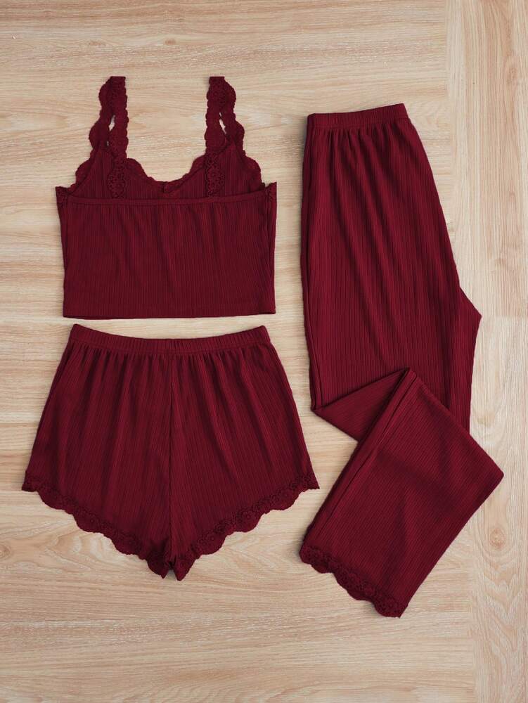 Women's Solid Color Pajama Set With Lace Patchwork Camisole And Pants Elegant Sleepwear Loungewear Comfortable Daily Wear For Women