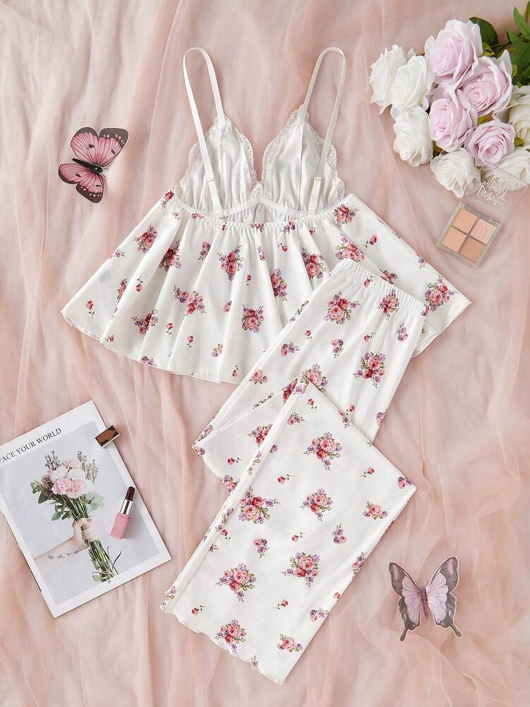 Women's Ditsy Floral Pajama Set V Neck Lace Patchwork Camisole And Pants Elegant Sleepwear Outfit Romantic Vacation Nightwear For Ladies