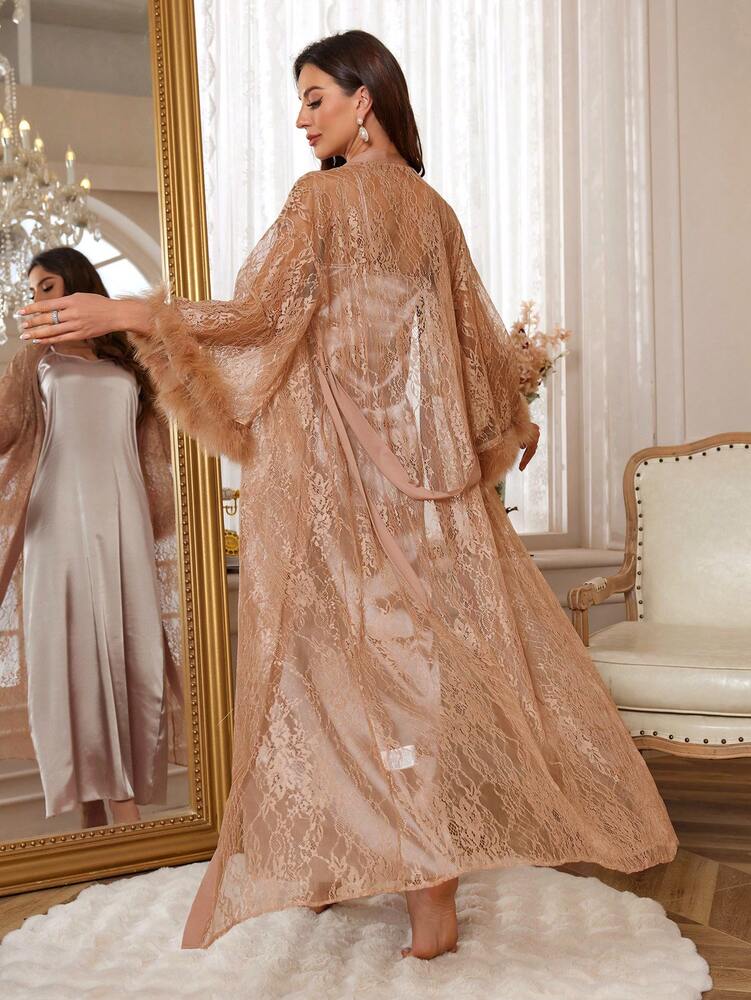 Women's 3pcs Pajama Set Satin Robe With Lace Contrast Camisole Nightgown And Shorts Elegant Sleepwear Outfit Vacation Holiday Nightwear