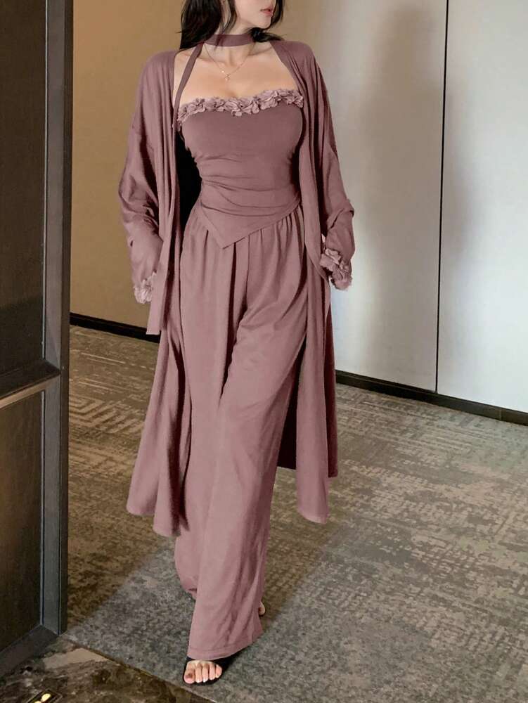 Women's 3pcs Home Outfit Romantic Pajama Set Loose Cardigan Jacket Bustier Top With Asymmetrical Hem And Wide Leg Pants Fall Fashion