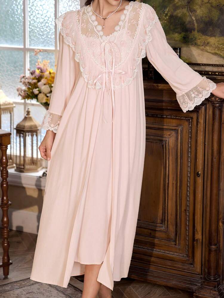 Women's 2pcs Pajama Set Floral Embroidered Cami Nightgown And Lace Splice Robe Elegant Sleepwear Outfit Romantic Fall Casual Nightwear