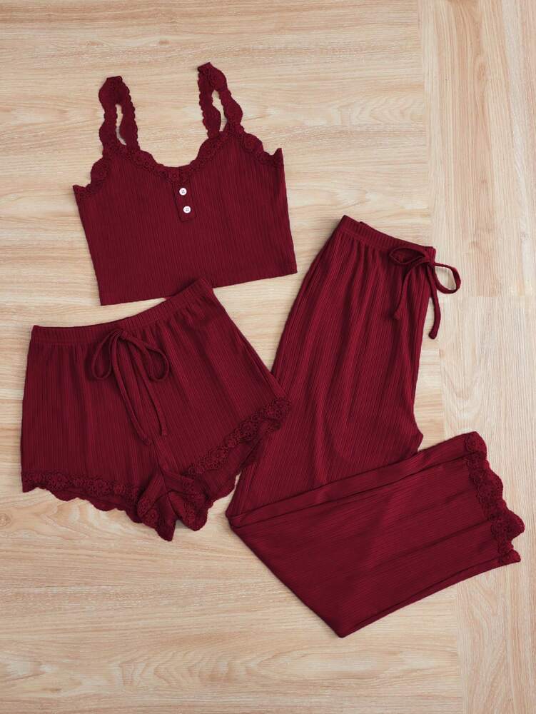 Women's Solid Color Pajama Set With Lace Patchwork Camisole And Pants Elegant Sleepwear Loungewear Comfortable Daily Wear For Women