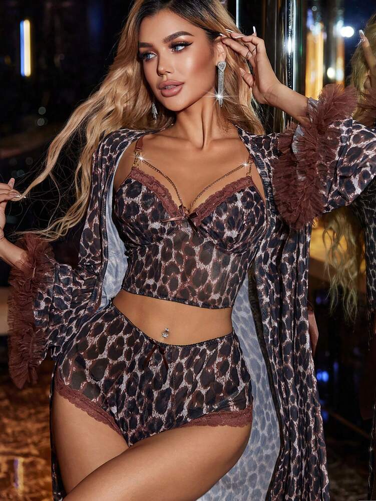 Women's 3pcs Pajama Set Leopard Print Camisole With Chain Decor Shorts And Long Sleeve Satin Robe Sexy Sleepwear Vacation Loungewear