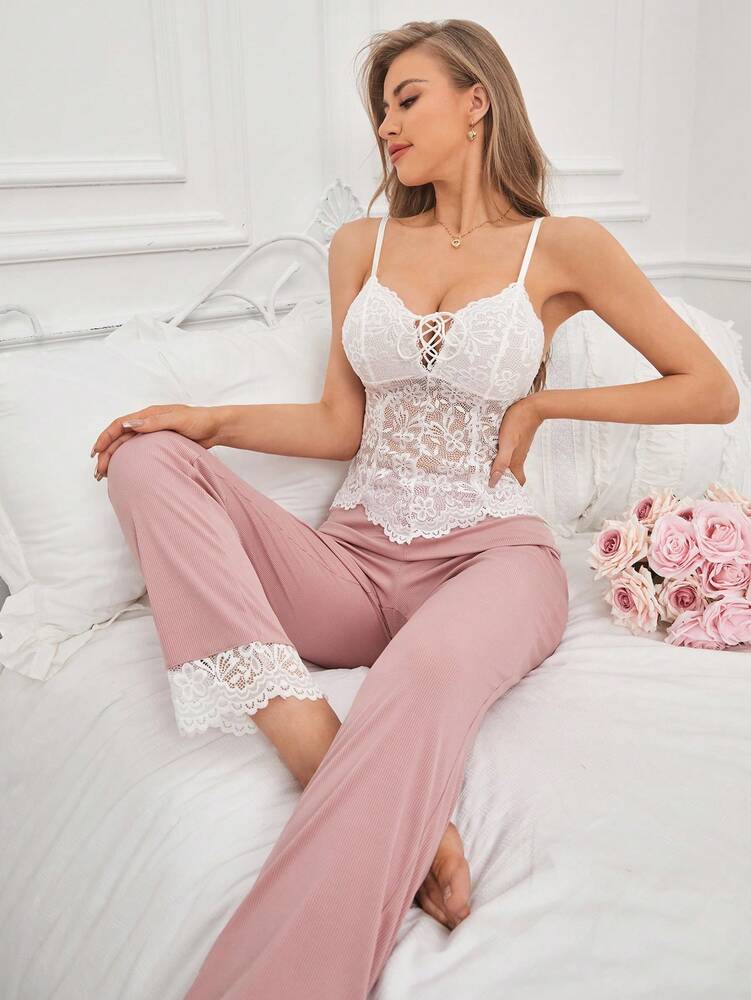 Women's Pajama Set With Solid Color Camisole Top Lace Detail And Color Block Pants Comfortable Loungewear Sleepwear Outfit For Women