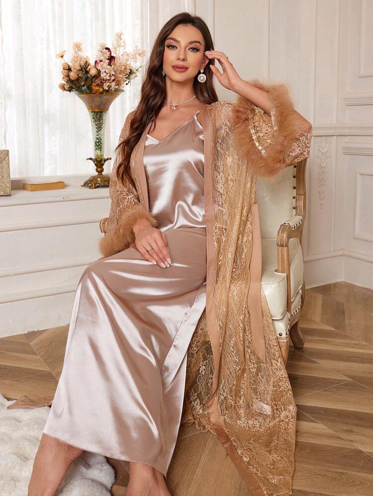 Women's 3pcs Pajama Set Satin Robe With Lace Contrast Camisole Nightgown And Shorts Elegant Sleepwear Outfit Vacation Holiday Nightwear