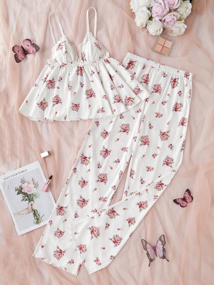 Women's Ditsy Floral Pajama Set V Neck Lace Patchwork Camisole And Pants Elegant Sleepwear Outfit Romantic Vacation Nightwear For Ladies