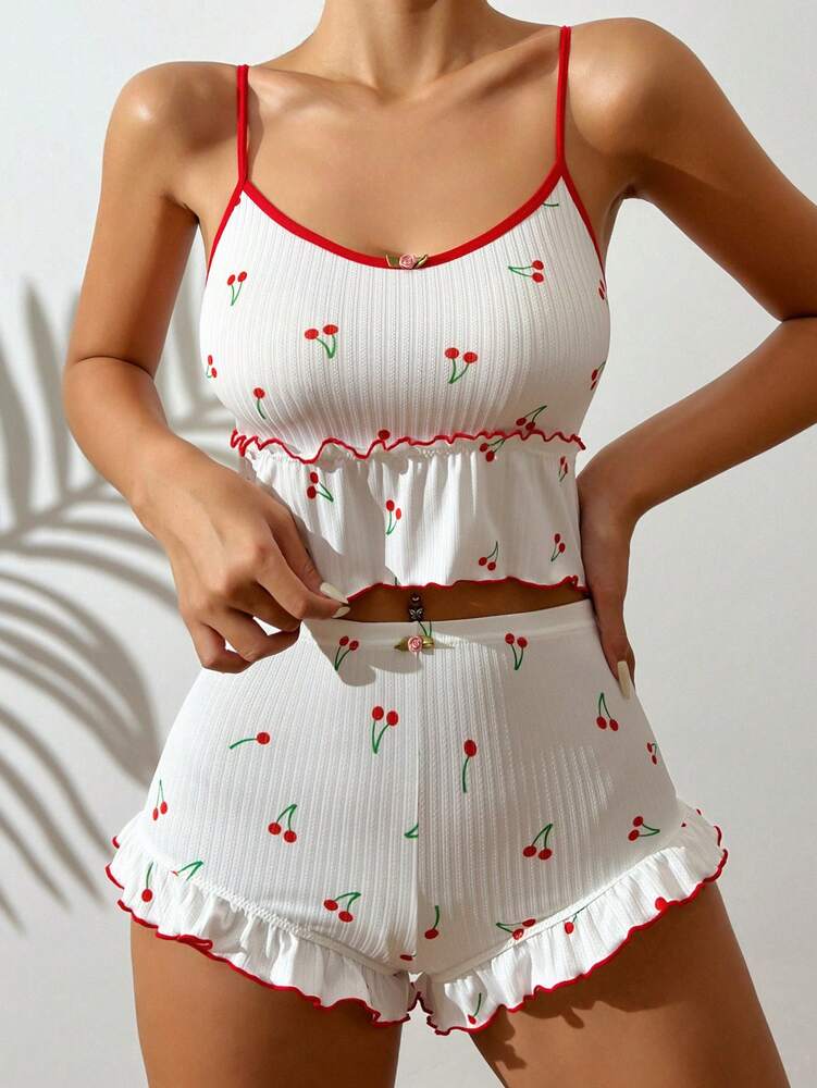 Women's White Cherry Print Pajama Set With Frill Edge Camisole And Shorts Cute Summer Sleepwear Casual Vacation Nightwear For Girls