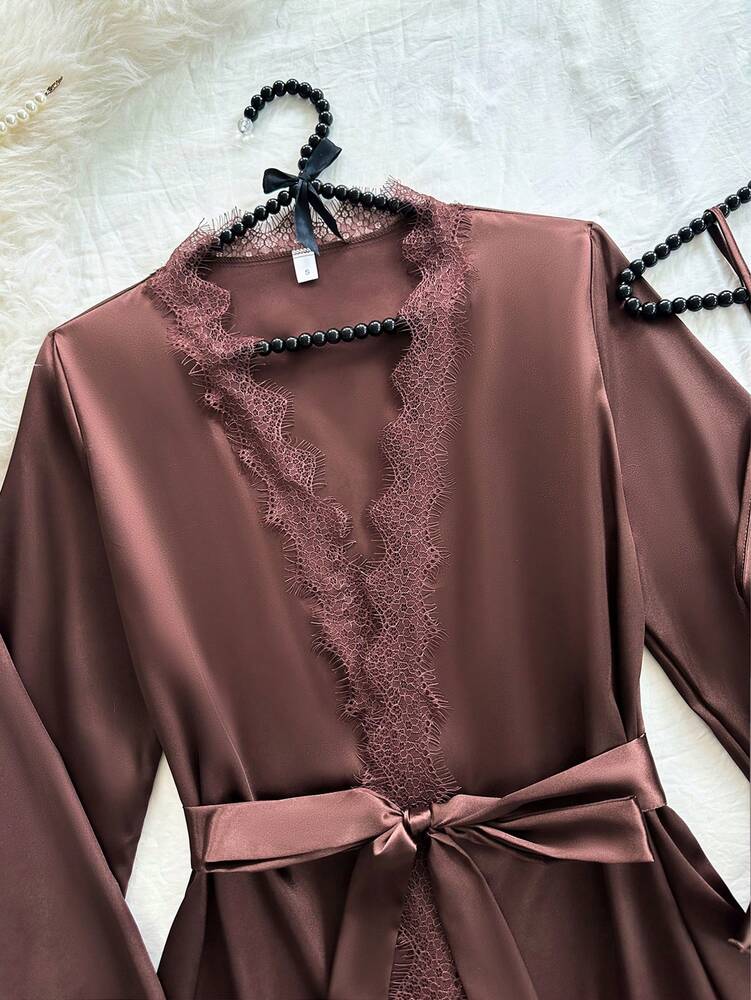 Women's 4pcs Pajama Set Sexy Lace Camisole Floral Trim Shorts Pants And Satin Robe Coffee Color Elegant Sleepwear Outfit Fall Casual
