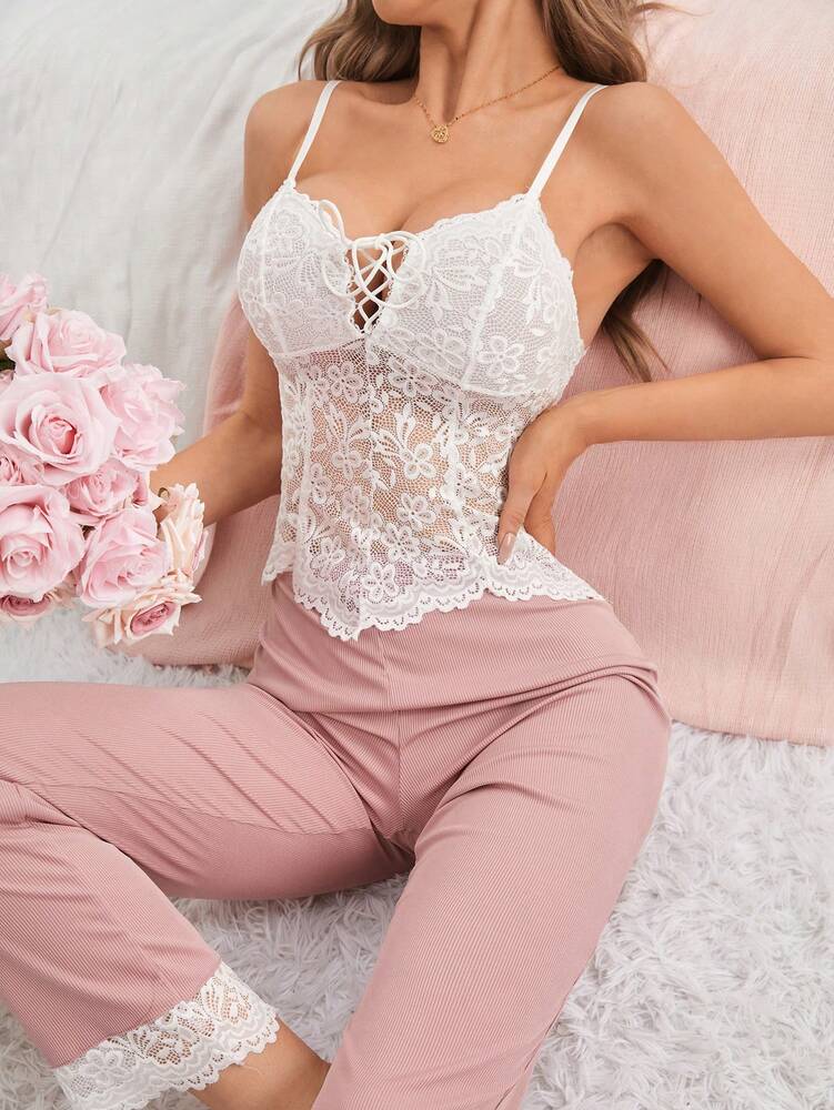 Women's Pajama Set With Solid Color Camisole Top Lace Detail And Color Block Pants Comfortable Loungewear Sleepwear Outfit For Women
