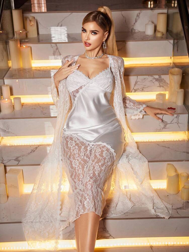 Women's Lace Satin Pajama Set White Lace Nightgown With Robe Sexy Sleepwear Outfit Elegant Loungewear For Women Summer Vacation