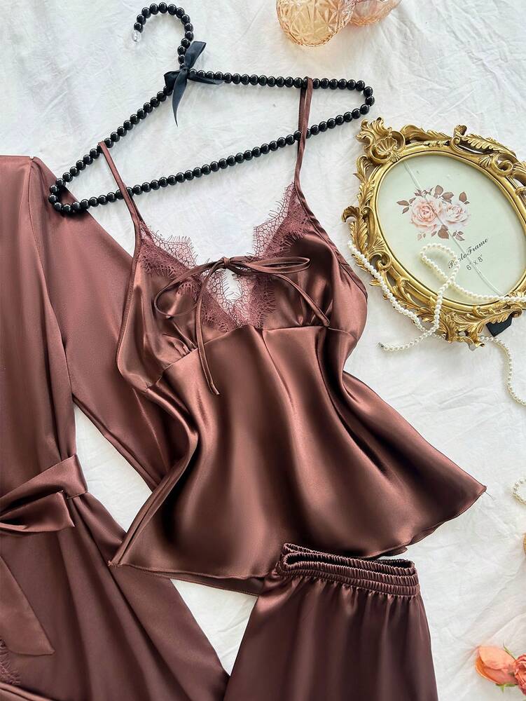 Women's 4pcs Pajama Set Sexy Lace Camisole Floral Trim Shorts Pants And Satin Robe Coffee Color Elegant Sleepwear Outfit Fall Casual