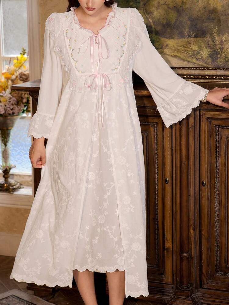 Women's 3pcs Pajama Set With Embroidered Floral Decor Camisole Nightgown And Robe Elegant Romantic Sleepwear Outfit Vacation Holiday