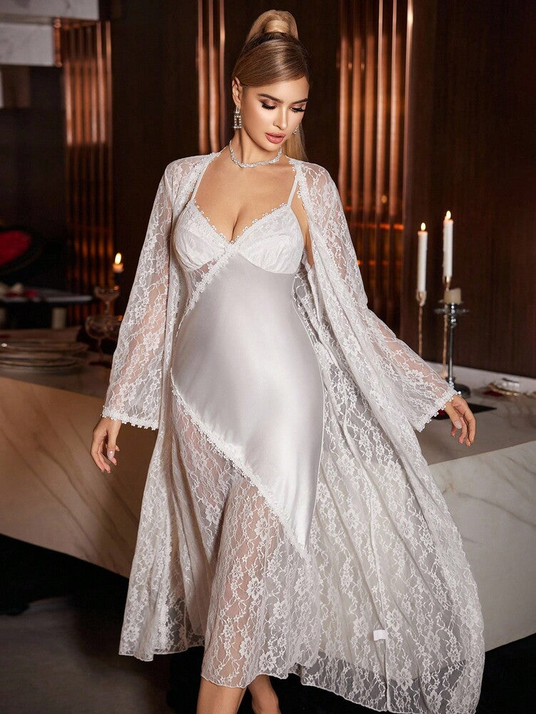 Women's Lace Satin Pajama Set White Lace Nightgown With Robe Sexy Sleepwear Outfit Elegant Loungewear For Women Summer Vacation