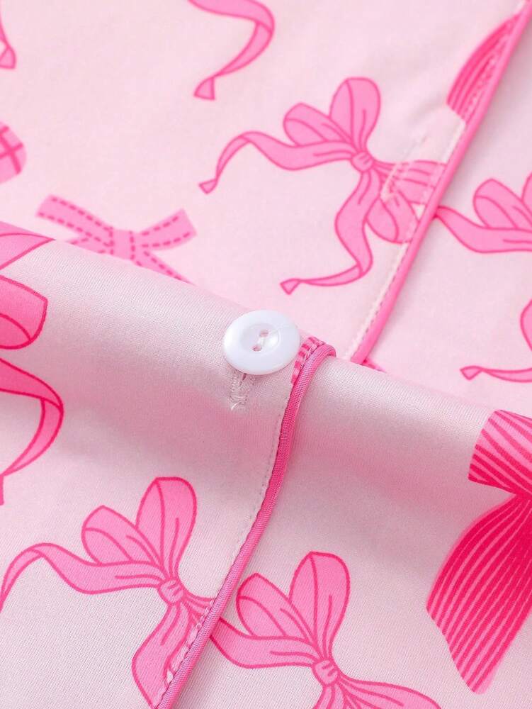 2pcs Women's Pajama Set Short Sleeve Button Shirt With Bow Print And Loose Shorts Comfortable Casual Loungewear Sleepwear All Seasons