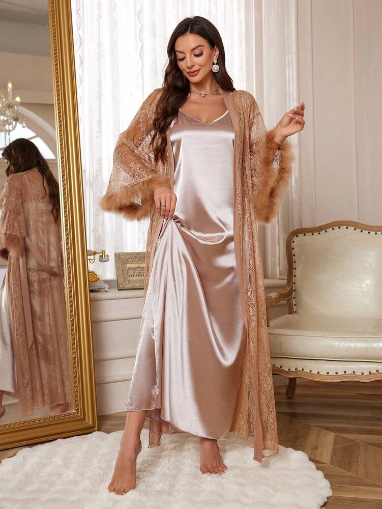 Women's 3pcs Pajama Set Satin Robe With Lace Contrast Camisole Nightgown And Shorts Elegant Sleepwear Outfit Vacation Holiday Nightwear