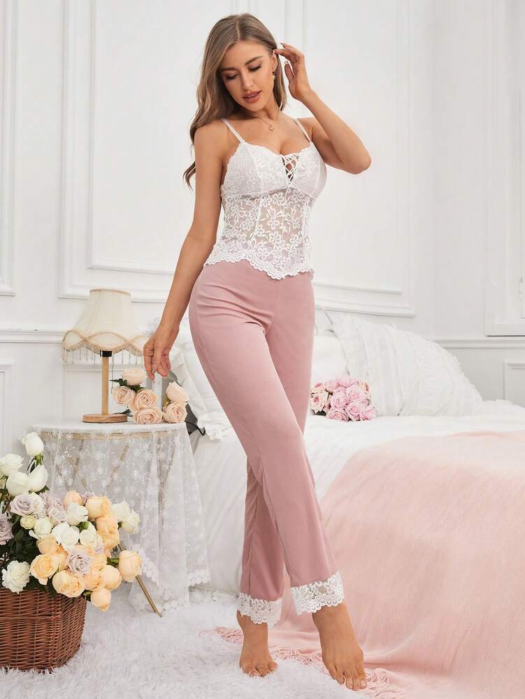 Women's Pajama Set With Solid Color Camisole Top Lace Detail And Color Block Pants Comfortable Loungewear Sleepwear Outfit For Women