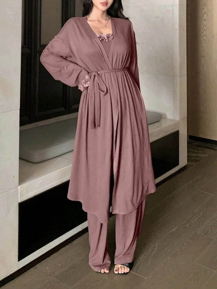 Women's 3pcs Home Outfit Romantic Pajama Set Loose Cardigan Jacket Bustier Top With Asymmetrical Hem And Wide Leg Pants Fall Fashion